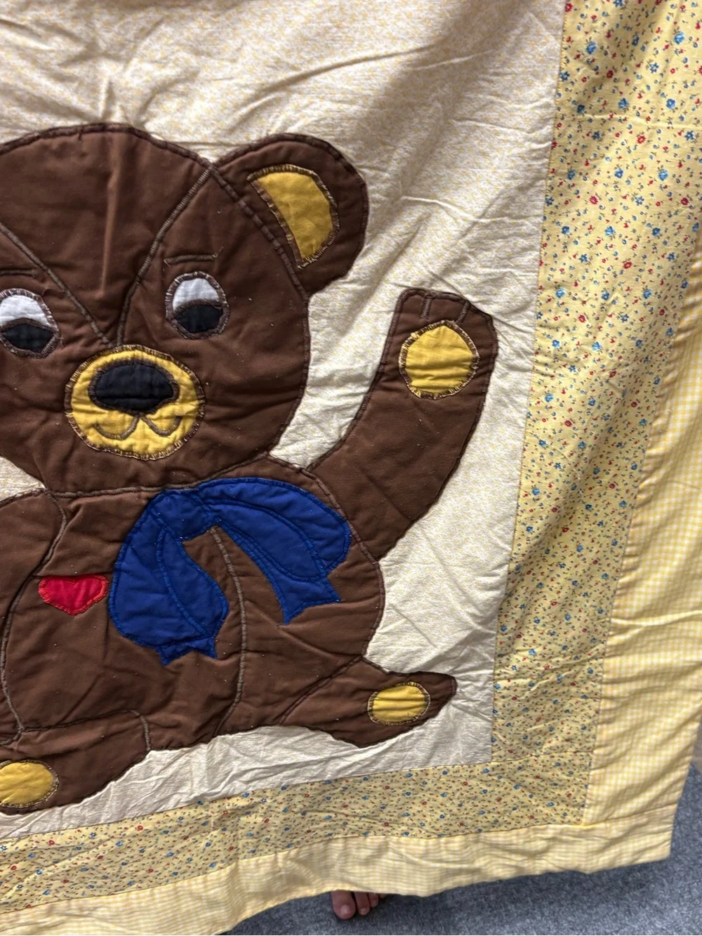 Vintage Handmade Yellow Teddy Bear Appliqué Baby Quilt with Red Balloon